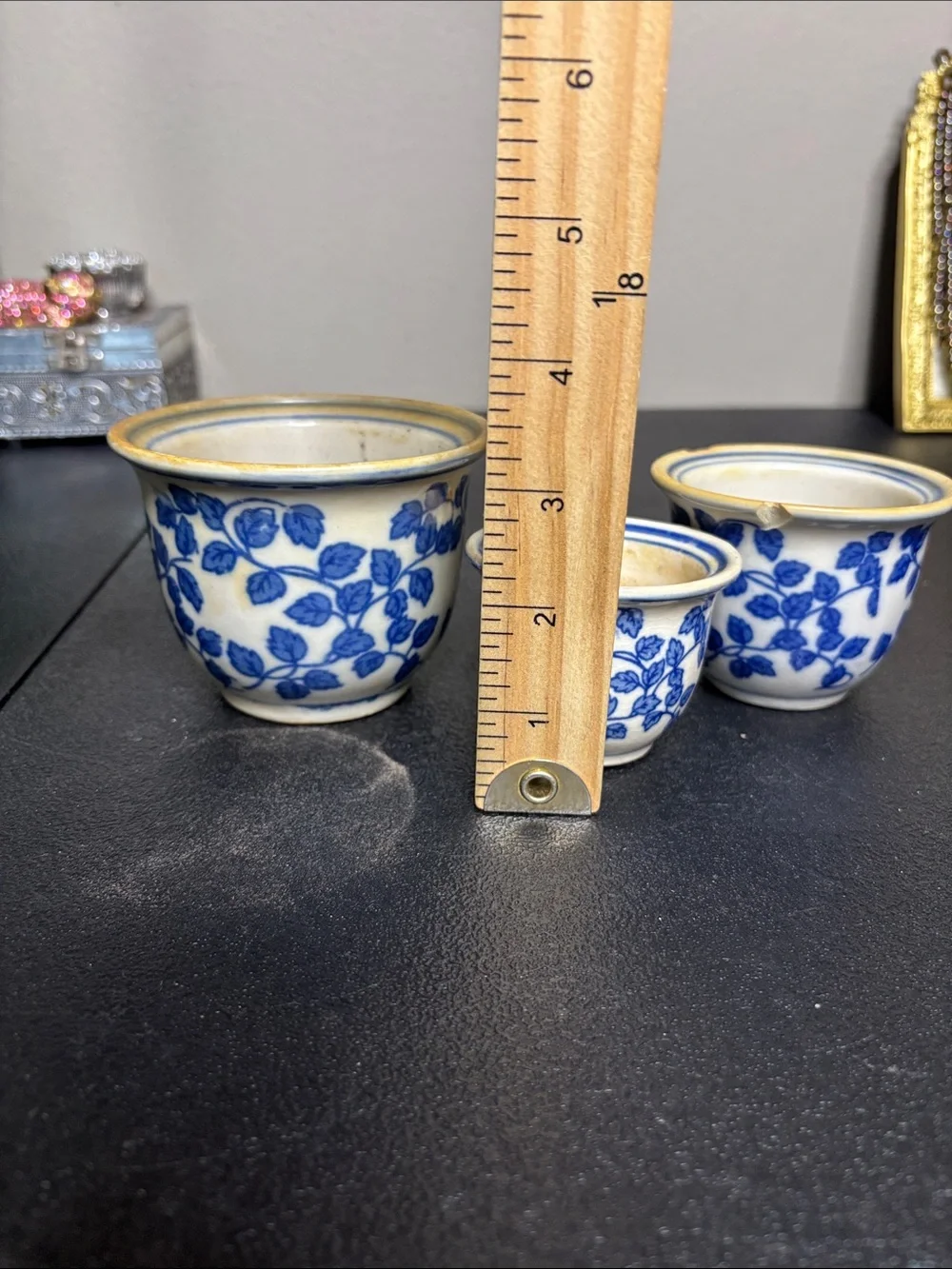 Vintage Chinoiserie Blue White Floral Ceramic Planter Set Mini One Chipped
